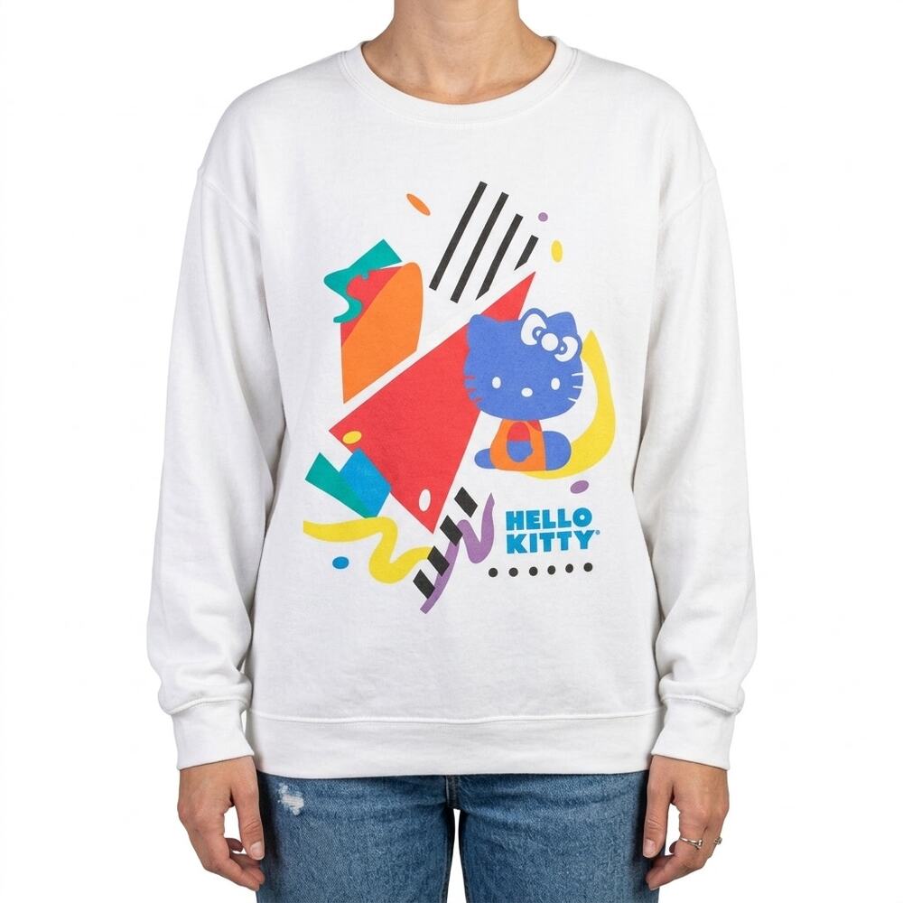 Hello Kitty Sanrio 90s Theme Geometric White Crew Neck Sweatshirt sz S Oversize